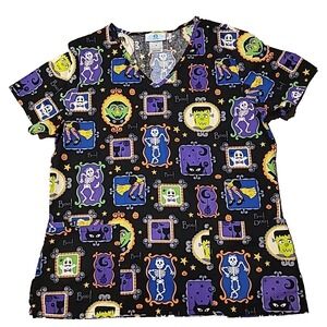 SB Scrubs Boo! Halloween Medium Medical Scrub Top Skeleton Vampire Witch Black